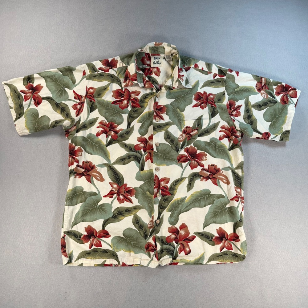 Pau Hana Hawaii Mens Large Floral Aloha Shirt Red Green Tropical Cotton Viscose